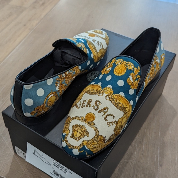 Versace Other - Mens VERSACE Polka Dot Print Fabric Slippers Loafers Blue/Gold 43 US 10